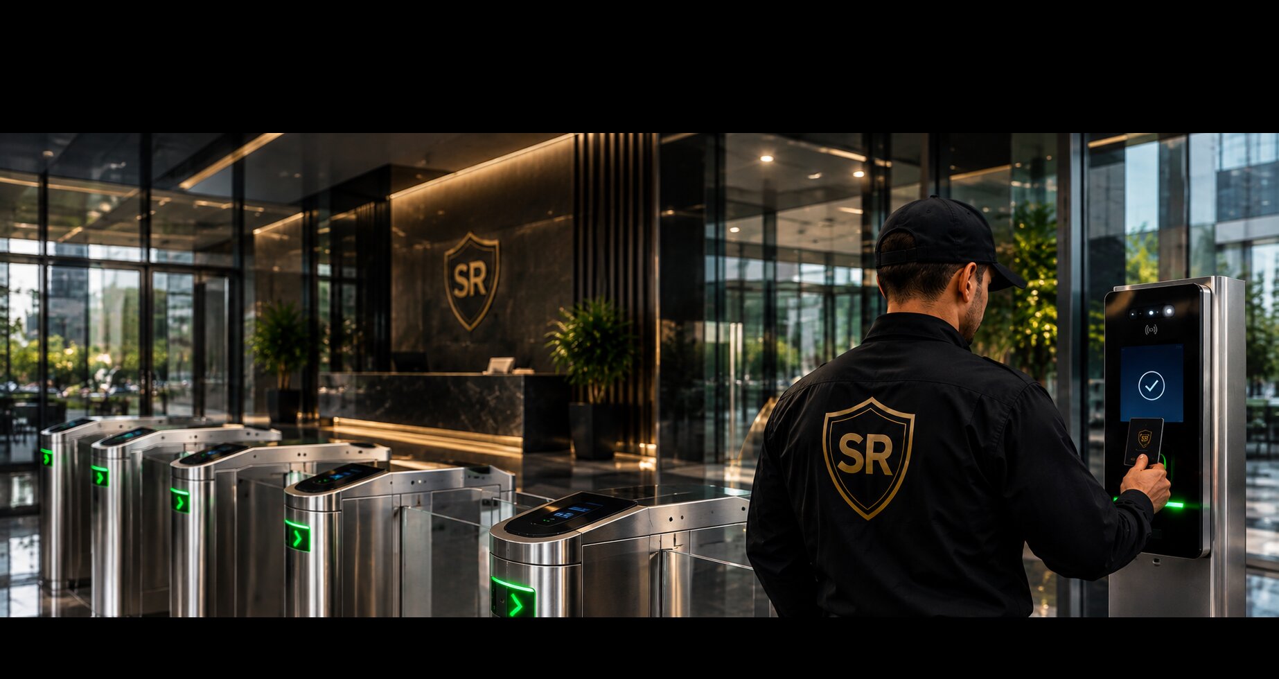 Catracas eletrônicas de controle de acesso na entrada de um prédio corporativo
